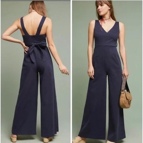 Anthropologie Chino Navy Wrap Top Wide Leg Jumpsuit Size 4 - Picture 2 of 5